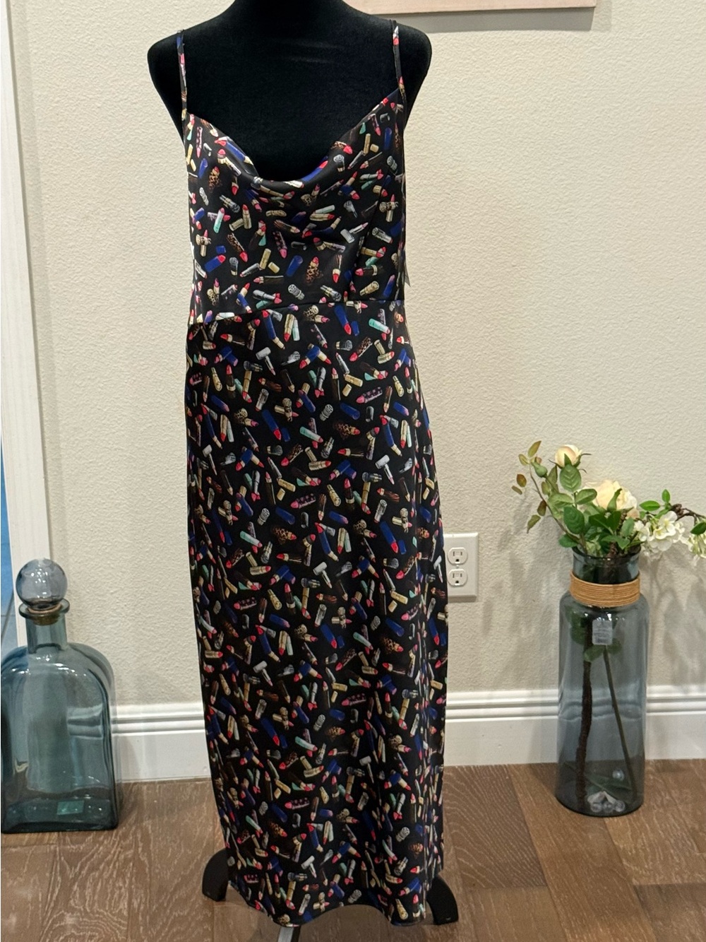 Nicole Miller Black Slip Maxi Dress with Colorful Lipstick Print